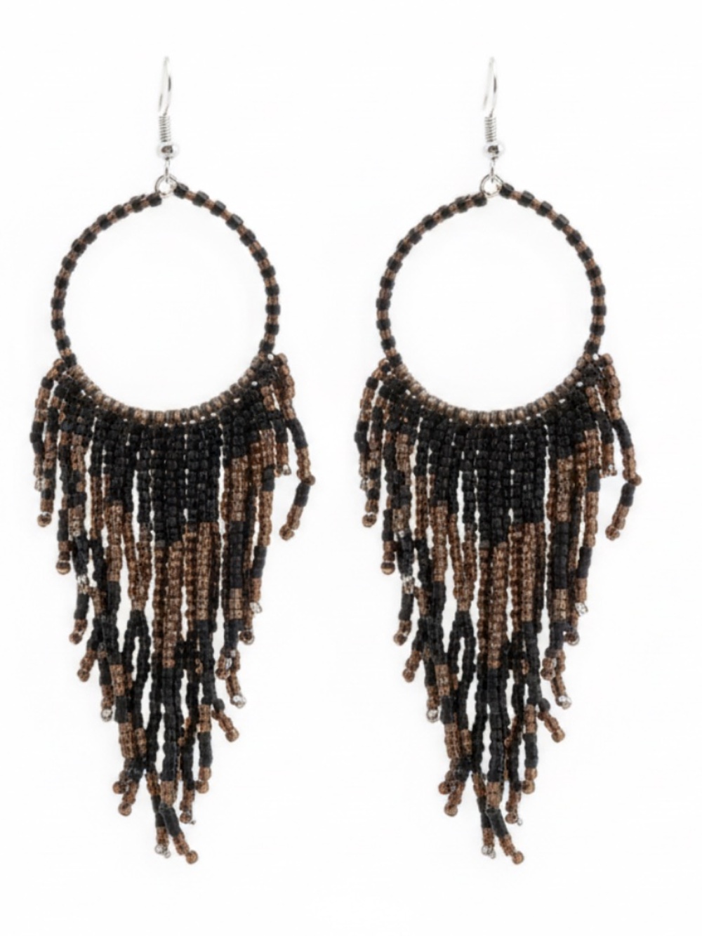 Womens Vintage Tassel Brown Black Bead Hoop Chandelier Earrings
